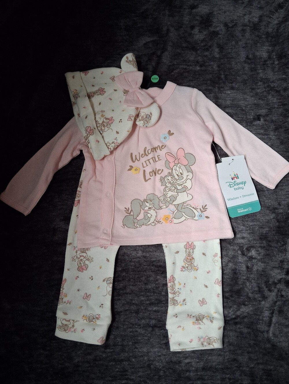 NWT Disney Baby Minnie Mouse 3pc Outfit Set Top/Pants/Hat 6-9month Pink/Cream
